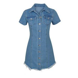 Women’s Denim Button-Up Mini Dress – Short Sleeve, Size Medium